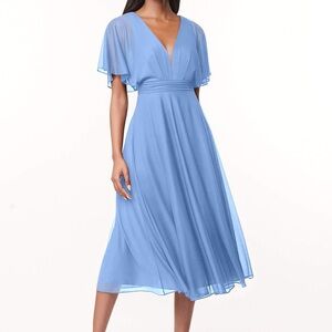 Azazie Blue Ruched Wrap Maxi Dress for Wedding Guest